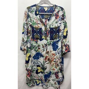 Anthropologie Fig and Flower‎ Top Women Large Floral Henley Semi Sheer Hi-Low